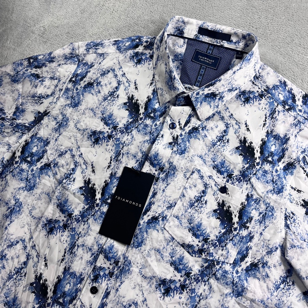 7Diamonds Krakn Remix Blue White Abstract 4-Way Stretch Shirt Mens XL SMK-7384